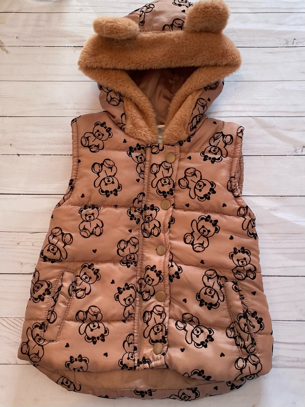 Girls LITTLE LASS Hooded Puffer Vest Brown Bear Print Size 3T